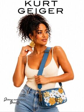Kurt Geiger Denim Blue Rhinestone Crystal Daisy Flower Camera Crossbody Bag NEW